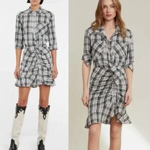 Veronica Beard Women's Rowe Checkered Mini Dress 4 Black and White Pearl Snap